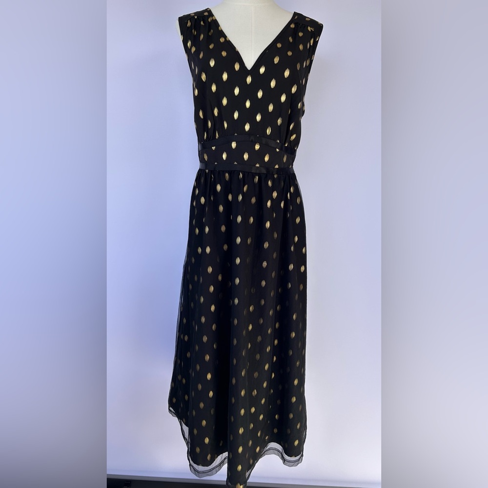 BloomChic Women’s Black & Gold Midi Dress Full Skirt Sheer Overlay Size 14-16